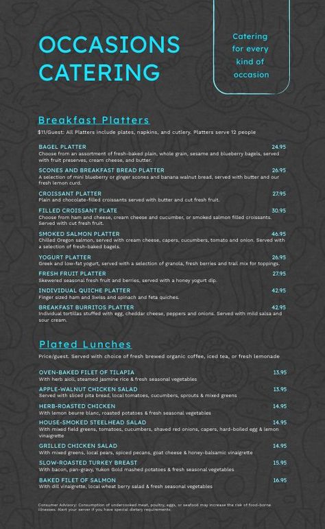 Bright Event Catering Menu Design Template by MustHaveMenus Catering Menu Design Templates, Catering Menu Ideas Meals, Catering Menu Ideas, Catering Menu Design, Cafe Plants, Healthy Catering, Brunch Catering, Breakfast Catering, Holiday Catering