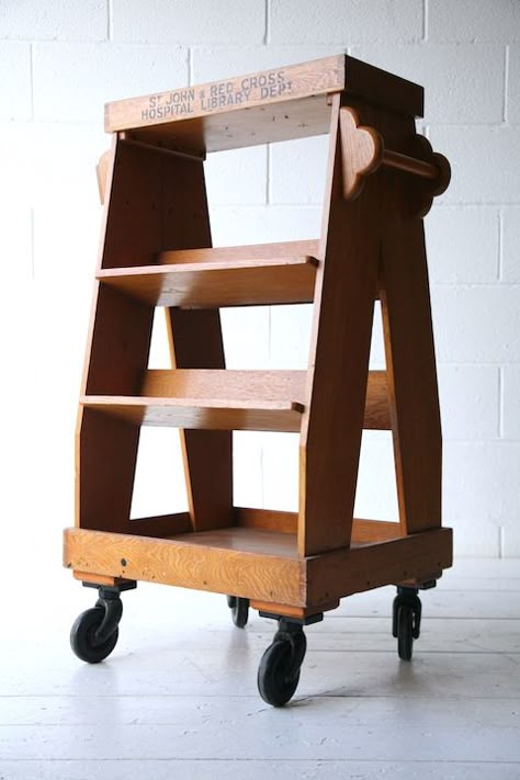 Book Trolley, Library Cart, Industrial Wheels, Book Cart, Wood Bookshelves, Vintage Library, Unique Storage, Wood Book, Wood Creations