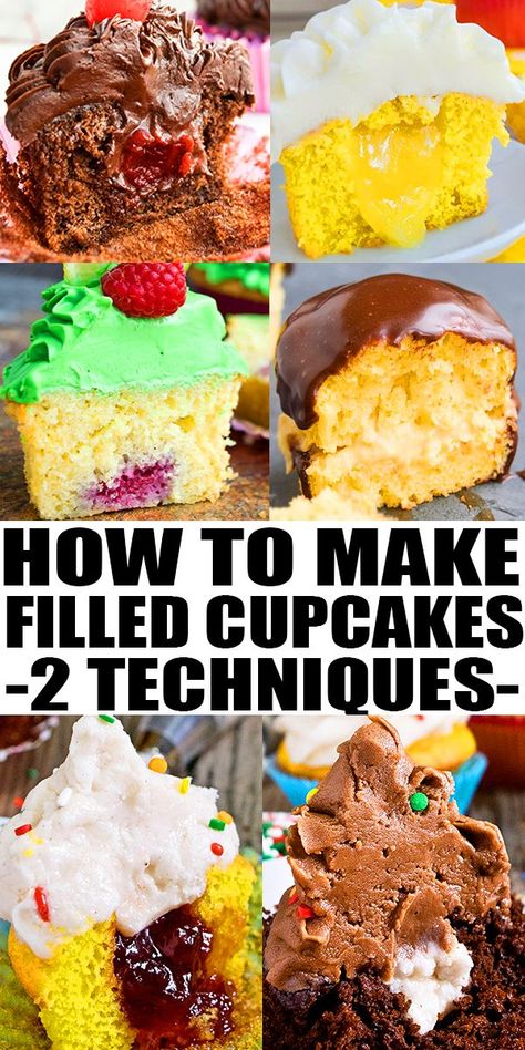 Learn how to make easy filled cupcakes with jam, peanut butter, Nutella frosting, ganache and much more. Two different but simple techniques are explained. From CakeWhiz. How To Fill Cupcakes With Jam, How To Make Stuffed Cupcakes, How To Stuff Cupcakes, How To Make Filled Cupcakes, Filled Mini Cupcakes, How To Put Filling In Cupcakes, Filled Cakes Ideas, Easy Cupcake Filling Ideas, Cupcake Fillings Recipes