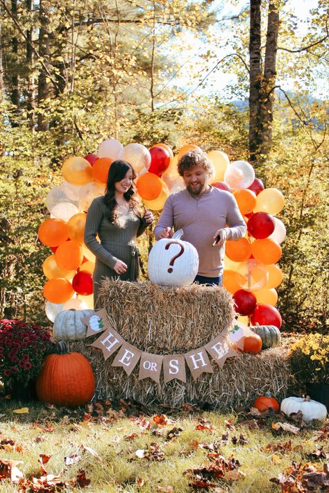 Fall Halloween Gender Reveal, Pumpkin Patch Gender Reveal Party, He Or She Pumpkin Gender Reveal, Friendsgiving Gender Reveal, Fall Gender Reveal Balloon Arch, Pumpkin Reveal Gender Ideas, Gender Reveal Ideas For Party Fall Theme, Gender Reveal Party Theme Fall, Fall General Reveal Ideas