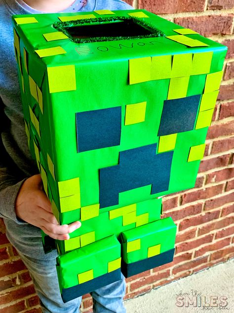 Minecraft Valentine Box: Don't Fear the Creeper! Minecraft Creeper Valentines Boxes, Creeper Valentines Boxes, Valentines Box Minecraft, Creeper Valentine Box Diy, Minecraft Valentines Boxes For Boys, Gamer Valentine Box Ideas, Video Game Valentines Boxes, Fortnite Valentines Boxes For Boys, Valentines Day Box Ideas For Boys