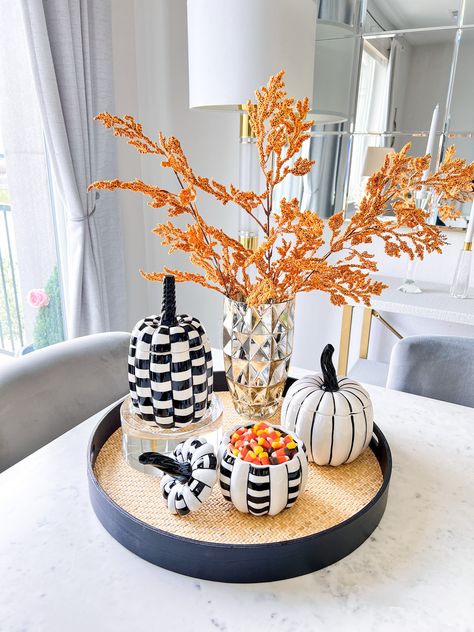 - Set of 3 pumpkins jars- Dimension: - Black & White Striped: 8.25"- Black & White Checkered Striped: 7.5 " - Tall Black & White Checkered: 9.75"- Material: Ceramic Black And White Fall Decor, Black And White Pumpkins, Fall Patio Decor, White Ceramic Pumpkins, Orange Fall Decor, Halloween Candy Jar, Ceramic Pumpkins, Orange Kitchen Decor, 3 Pumpkins