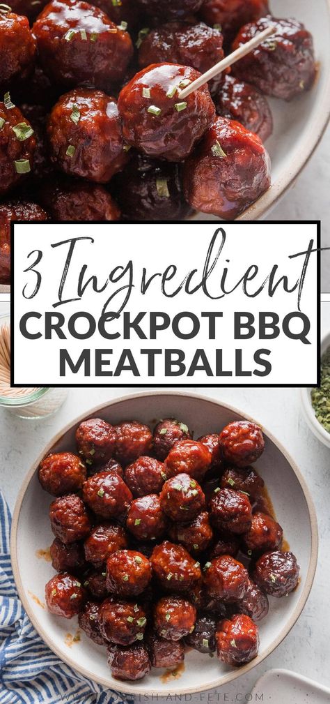 Crockpot BBQ Meatballs use just 3 ingredients and less than 5 minutes prep, yet are the ultimate party appetizer or ultra-easy dinner served over egg noodles or mashed potatoes. A few short hours in the slow cooker delivers tender, juicy meatballs coated in a sticky, sweet BBQ glaze. Best Crock Pot Meatballs Appetizers, Crock Pot Jelly Meatballs, Tailgate Meatballs Crockpot, Crock Pot Barbecue Meatballs, Crockpot Meatballs Party, Honey Bbq Meatballs Crockpot, Crockpot Meatball Sauce Recipes, Fully Cooked Meatballs In Crockpot, Healthy Crock Pot Meatballs