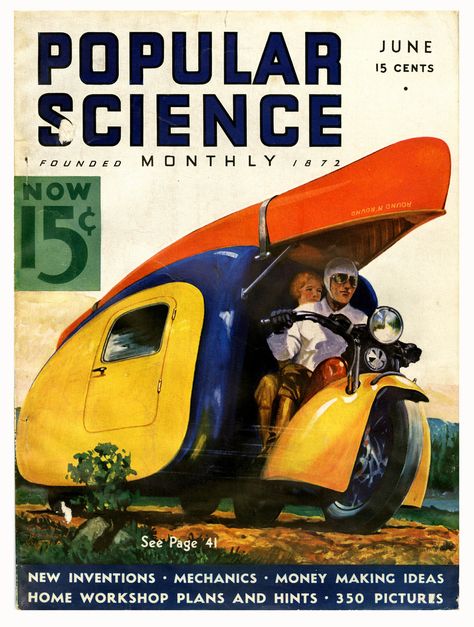 Home. 1936 Atompunk City, Vintage Popular Mechanics, Popular Science Magazine, Motorcycle Campers, Popular Mechanics Magazine, Atomic Space Age, Workshop Plans, Science Magazine, Futuristic Motorcycle