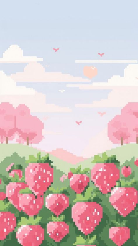 Cute Pink Wallpaper Gifs, Strawberry Theme Wallpaper, Cute Garden Wallpaper, Cute Pink Aesthetic Background, Pink Pixel Wallpaper, Cute Pixel Wallpaper, Strawberry Wallpaper Cute, Everskies Collage, Outdoors Graphics