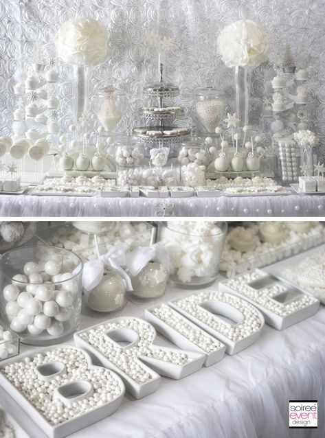 Winter White Bridal Shower Sweets Table – The All White Color Trend https://soiree-eventdesign.com/2013/12/winter-white-bridal-shower-sweets-table-the-all-white-color-trend/ Winter Bridal Shower Decorations, Candy Bar Decoracion, Bridal Shower Sweets, Bridal Shower Desserts, Winter Bridal Showers, White Bridal Shower, Sweets Table, Bridal Shower Tables, Shower Desserts