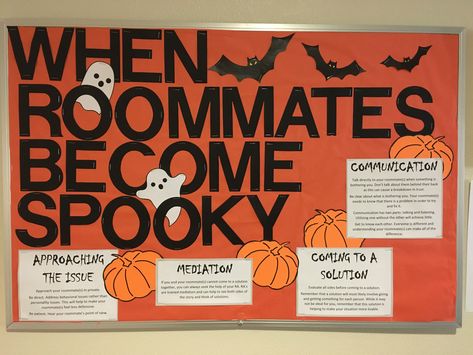 Conflict Bulletin Board Ra, Funny Halloween Bulletin Boards, October Ra Board Ideas, Ra September Bulletin Board, Ra Bulletin Boards Roommate Conflict, Roommate Conflict Bulletin Board, September Bulletin Board Ideas College, Fall Ra Board Ideas, Halloween Ra Board Ideas