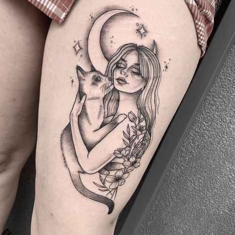 Fairy And Cat Tattoo, Woman Cat Tattoo, Woman And Cat Tattoo, Cat And Woman Tattoo, Spiritual Cat Tattoo, Cat Goddess Tattoo, Girl And Cat Tattoo, Cat Thigh Tattoo, Cat Lady Tattoo