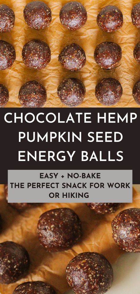 These healthy chocolate hemp pumpkin seed energy balls are easy to make and the best way to satisfy your hunger while working or hiking! Pumpkin Seed Balls, Hemp Seed Energy Balls, Aip Energy Balls, Hemp Heart Protein Balls, Pumpkin Seed Energy Balls, Hemp Protein Balls, Hemp Seed Cookies, Chia Seed Energy Balls, Recipes With Hemp Seeds