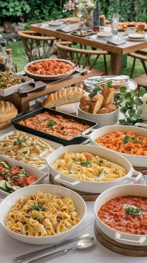 Pasta Bar Ideas Buffet Wedding, Pasta Buffet Ideas, Pasta Bar Ideas Buffet, Italian Food Buffet, Pasta Bar Ideas, Buffet Style Wedding Reception, Bar Buffet Ideas, Reception Food Station, Pasta Bar Party