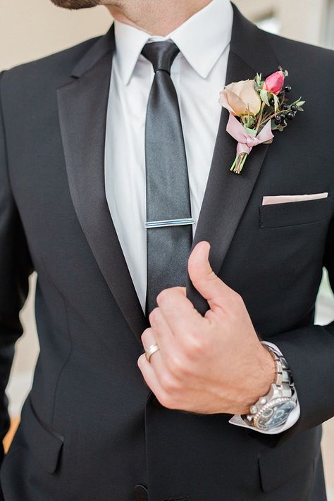 Black Suit Mauve Tie, Reception Tuxedo, Blush And Mauve Wedding, Pink And Mauve Wedding, All Black Tux, Rainy Garden, Tux Colors, Pink Groomsmen, Groomsmen Outfit