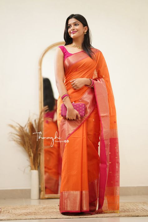 Trendy Handloom Sarees For Modern Women Chiffon Blouses Designs, Saree For Wedding Function, Handloom Cotton Saree, Simple Saree Designs, Cotton Sarees Online, Fashionable Saree Blouse Designs, Orange Saree, Pink Border, Simple Sarees