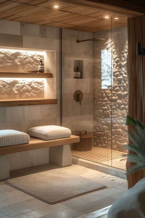 Bathroom Remodel Stone, Bathroom With Natural Elements, Bathroom Remodel Scandinavian, Earthy Bathroom Ideas Natural Modern, Nature Inspired Interior Design Modern, Natural Spa Bathroom Ideas, Natural Material Bathroom, Earthy Tone Bathroom Ideas, Home Inspo Bathroom