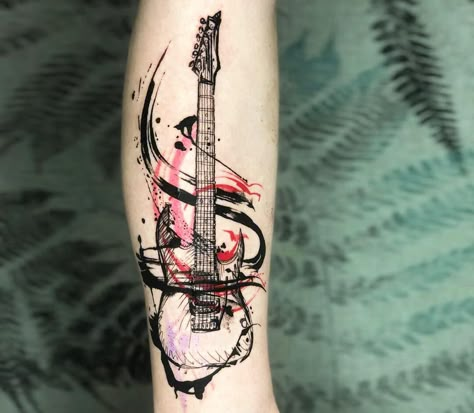 Guitar tattoo by Thomas Acid | Photo 31267 Realistic Trash Polka, Abstract Guitar, Tattoo Trash, Guitar Tattoo Design, Rock Tattoo, Henna Tattoo Hand, Flame Tattoos, Forarm Tattoos, Guitar Tattoo