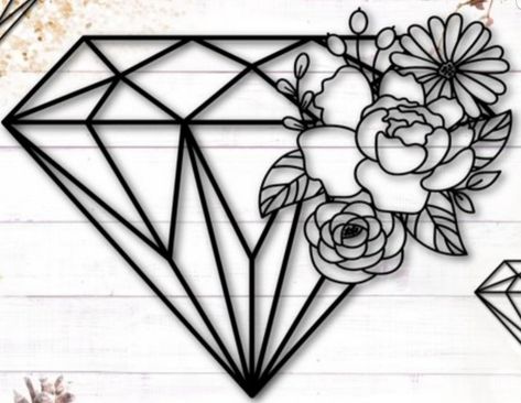 Diamond And Flower Tattoo, Diamond And Rose Tattoo, Diamond Flower Tattoo, Diamond Tattoo Designs For Women, Diamond Sleeve Tattoo, Hannah Tattoo, Diamond Tattoo Designs, Easy Graffiti Drawings, Gem Tattoo