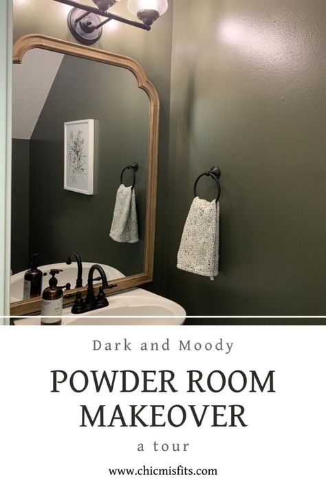 Dark Gray Half Bath, Small Bathroom Ideas Dark Walls, Dark And Moody Paint Schemes, Kendall Charcoal Powder Room, Powder Bathroom Paint Ideas, Powder Room Green Walls, Powder Room With Black Fixtures, Olive Powder Room, Dark Green Half Bathroom Ideas