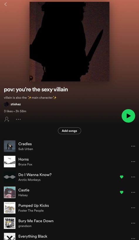 pov: you’re the sexy villain | spotify: ztishaz Spotify Playlist Names Villain, Dark Female Villain Aesthetic, Spotify Playlist Covers Villian, Pov Spotify Playlists, Hot Songs Playlist, Pov Playlists, Villain Playlist, Good Playlists, Music Recs