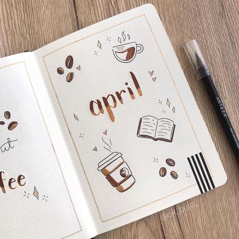 ✨ Creat & Journal ✨ on Instagram: “April Spread ☕️✨ Stay home and stay safe!  #bulletjournaling #bulletjournal #bujo #coffee #bujoinspiration #bujoideas #bujospread…” #coffeebulletjournal Coffee Themed Bujo, Coffee Bujo Theme, Coffee Journal Ideas, Bujo Coffee Theme, Journal Name Ideas, Bullet Journal Coffee Theme, Coffee Bujo, Coffee Bullet Journal, April Bullet Journal Ideas