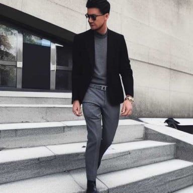 10 Black Blazer Grey Pants Styles For Men - The Versatile Man Black Blazer Grey Pants Outfit Men, Gray Blazer Outfit Men, Formal Trousers For Men, Grey Blazer Outfit, Grey Pants Outfit, Grey Pants Men, Long Black Blazer, Black Blazer Men, Mens Work Outfits