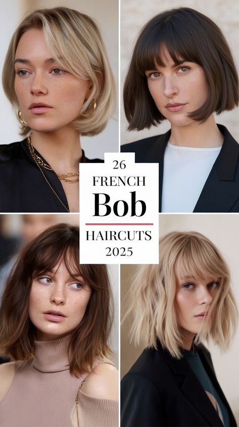 26 French Bob Haircut Ideas to Try in 2025 - Fall Update 2024 Same Length Bob Short, Bobs For Big Foreheads, Stylish Short Bob Hairstyles, 1960s Haircuts Women, French Style Short Hair, Classic French Bob Haircut, Long French Bob Shoulder Length, Chin Length French Bob With Bangs, Shaggy French Bob With Fringe