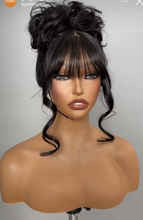 Bangs With Updo Messy Buns, Frizzy Hair Hairstyles Black Women, Elegant Bun Black Women, Hair Style Ideas For Photo Shoot, Updo Bangs Wedding, Wig Updos For Black Women, Pearls In Hair Black Woman, Elegant Wig Hairstyles, Updo On Wig