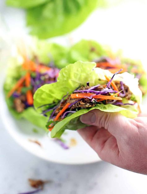 Smoked Pulled Pork Lettuce Wraps are a great recipe to use up your leftover pork. Instead of using bbq sauce this one is topped with a delicious Asian dipping sauce. #lettucewraps #asianfood #pulledpork #leftovers #vindulge Dipping Sauce For Pork, Recipe Using Pulled Pork, Pulled Pork Lettuce Wraps, Sauce For Pork, Pulled Pork Leftover Recipes, Asian Dipping Sauce, Asian Lettuce Wraps, Smoked Pork Ribs, Pork Lettuce Wraps