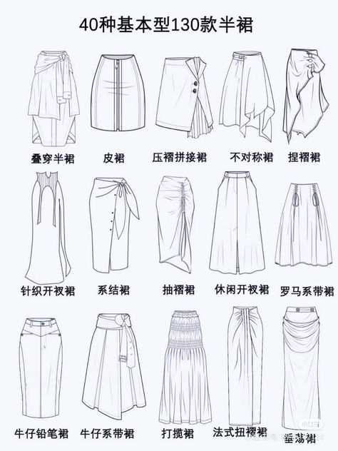 Flat Skirt Sketch, Fashion Designer Dress Drawing, Skirt Flat Drawing, Skirt Technical Drawing, Skirt Types, Skirt Drawing, Fashion Design Classes, Clothing Pattern Design, Fashion Illustration Collage