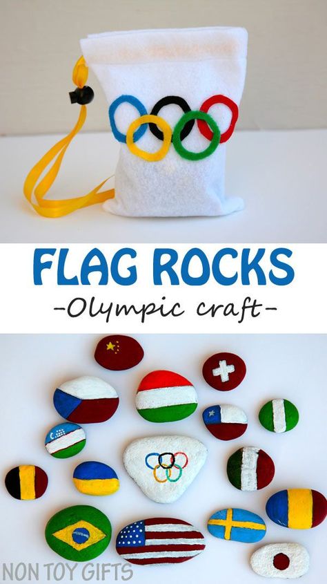 Painted flag rocks - a creative and educational Olympic craft. A great opportunity for kids to learn about the participating countries to the Olympics. | at Non Toy Gifts Summer Olympics Crafts, Olympic Activities, Olympic Theme Party, Olympic Games For Kids, Olympic Idea, Kids Olympics, Olympic Crafts, Olympics Activities, Olympic Theme