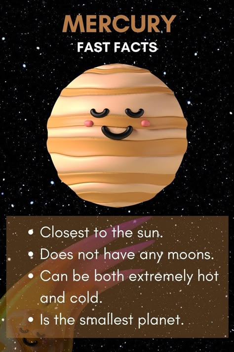 The closest planet to our sun is also is the smallest planet in our solar system, measuring just a bit larger than our Moon. Its rotation and orbit are very different than ours, with long days and short years. Planets In Our Solar System, Sun Facts Solar System, Facts About Each Planet, Our Solar System Planets, Solar System Project Ideas, Science Solar System, Planets In Order, Planet Facts, Solar System Lessons