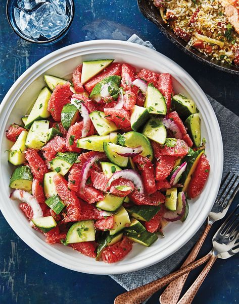 Grapefruit & Cucumber Salad Recipe Recipes With Grapefruit, Grapefruit Recipes, Side Dishes For Salmon, Salmon Chowder, Grapefruit Salad, Honey Mustard Vinaigrette, Grape Salad, Cucumber Recipes Salad, Salad Side Dishes