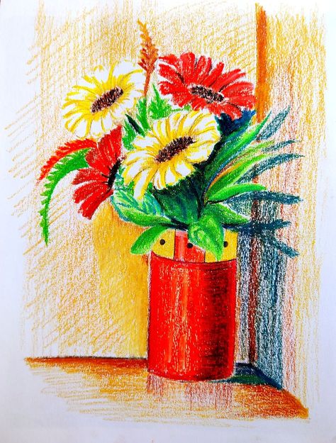 Oil Pastel Flower Vase, Flower Oil Pastel Drawing, Vase Flower Painting, Flower Vase Drawing, Flower Painting Videos, Vase Drawing, Scenery Drawing For Kids, Pencils Color, Oil Pastel Colours