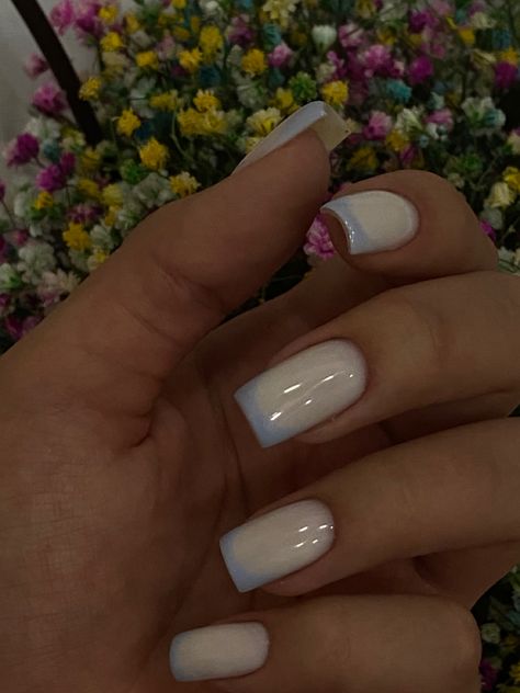 White Base Nails With Blue Design, Milky White Nails With Blue French Tip, Blue Nail White Tip, Bluish White Nails, White Nail Blue French Tip, White With Blue French Tip Nails, White Nails With Blue French, White Nails With Blue French Tips, White Nails With Blue Tips