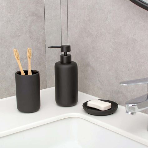 Black Soap Dispenser Bathroom, Black And White Bathroom Accessories, Black And White Bathroom Floor, Bathroom 2022, Black Bathroom Floor, Downstairs Wc, Counter Top Sink Bathroom, Black Bathroom Furniture, Black Bathroom Decor