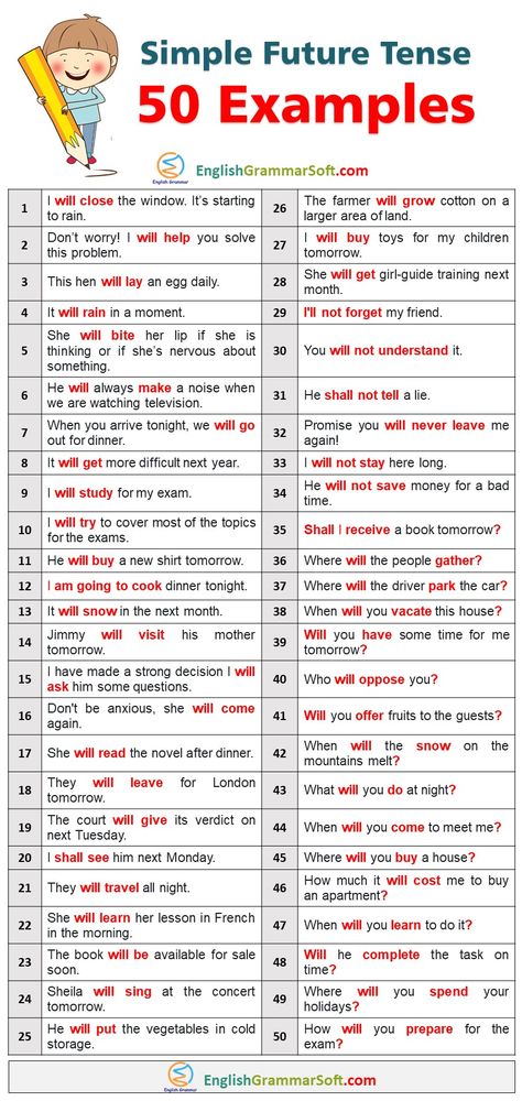 Simple Future Tense Sentences | 50 Examples  The simple future tense is a verb tense which shows an action that has not yet begun. The simple future tense is expressed by adding “will” or “shall” to the sentence in front of the base form of the verb. For example, I will come to your house tomorrow. Future Tenses English Grammar, Future Tense Sentences, Tenses Examples, Future Simple Tense, Simple Future Tense, Landforms Activities, Future Tense Verbs, Basic English Grammar Book, Tenses English