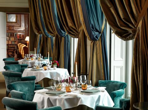 Martin Hulbert Interior Design. Clivedon Restaurant, Clivedon, Taplow, Berkshire. Jim Thompson silks available at Fox Linton. Photography: Richard Booth. Bed Drapes, Luxury Windows, Luxury Restaurant, Restaurant Guide, Custom Drapes, Lounge Design, Designer Drapes, House Windows, Curtain Designs