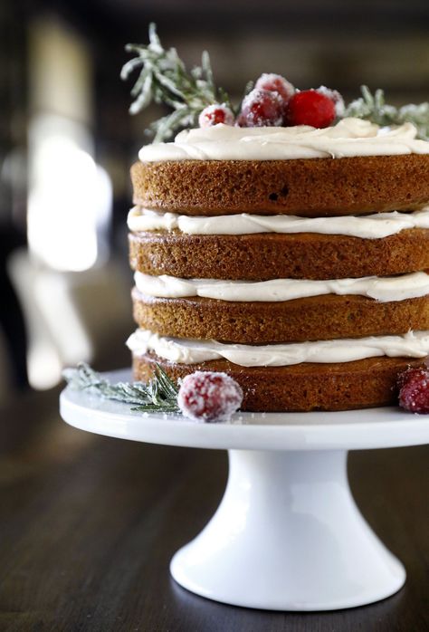 Recipe: Gingerbread Layer Cake with Spiced Cream Cheese Icing Spice Cake Decoration, Gingerbread Cake Cream Cheese Frosting, Almond Christmas Cake, Gingerbread Layer Cake Recipe, Gingerbread Wedding Cake, Winter Flavor Cakes, Holiday Layer Cake, Gingerbread Cake With Cream Cheese Icing, White Christmas Cake Ideas