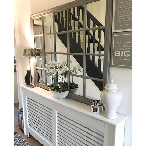 Hallway With Radiator, Entrance Mirror Ideas, House Entrance Mirror, Farrow And Ball Living Room, Wood Mirrors, Scandinavian Style Home, Shabby Chic Mirror, Faux Window, Chic Mirror