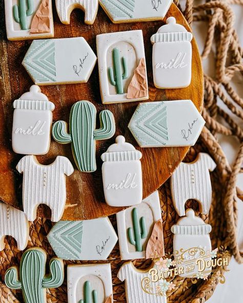 Megan Kelley on Instagram: "A western inspired baby shower Rectangle cactus design inspired by @hanamade.cookies #babyshowercookies #westerncookies #cookiesoginstagram #cookiesofidaho #idahocookier #cookiesofcda #decoratedcookie #batteranddough" Babychella Baby Shower Ideas, Western Chic Baby Shower Ideas, Vintage Western Baby Shower Ideas, Southwest Baby Shower Ideas, Aztec Baby Shower Ideas, Cactus Baby Shower Cookies, Cactus Theme Baby Shower Ideas, Howdy Baby Shower Theme, Desert Theme Baby Shower Ideas