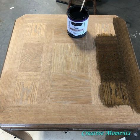 Check out out how reactive stain works to give this old worn end table a whole new look below.Pop over to my blog for more free home decor and furniture tutorials and if looking for one of a kind pieces, stop by my Facebook Shop. Before As always the first step is to scrub the project piece well and let dry. Scrape off the old finish Using my new carbide scraper from Richard tools I tried my hand at hand scraping the old finish off. The old finish scraped off nicely an… Carbide Scraper, Diy Surprise Box, Cheap Diy Wall Art, End Table Makeover, Free Home Decor, Elegant Pumpkins, Cerused Oak, How To Clean Silver, Porch Rug