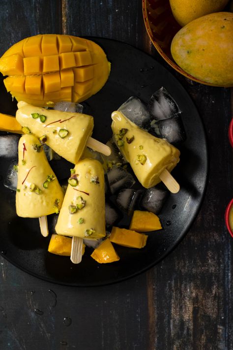 Mango Kulfi Ice cream Kulfi Photography, Kulfi Ice Cream, Mango Kulfi, No Cook, Mango Flavor, Milk Cream, Cardamom Powder, Ice Cream Recipe, Indian Food Recipes Vegetarian