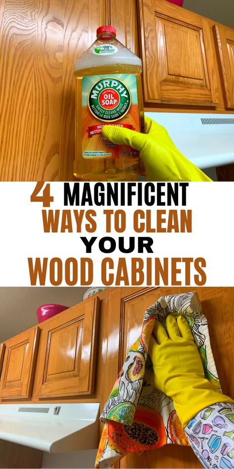 Here are some great wood cabinet deep cleaning hacks you need to try. #cleaninghacks #deepcleaning Homemade Cabinet Cleaner, How To Clean Kitchen Cabinets Wood Diy, Cleaning Old Wood Cabinets, Cleaning Cupboard Doors, Kitchen Cabinet Cleaner Wood, Cleaning Wood Cabinets Kitchen, How To Clean Cabinets Wood, How To Clean Wood Cabinets Kitchens, Best Way To Clean Kitchen Cabinets