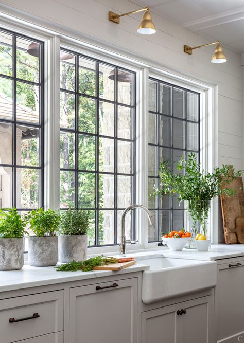 White Kitchen Black Windows, Black Windows In Kitchen, Kitchens With Black Windows, Black Windows Kitchen, Kitchen Black Windows, Calming Kitchen, Kitchen Window Ideas, Modern Manor, High End Residential