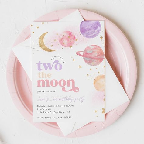 Two the Moon Birthday Party Invitation, Two the Moon Party, Digital Two the Moon Invitation, Girl's Space Birthday Invitation, Digital Space Two Space Birthday Party, Second Birthday Party Invitations, Second Birthday Space Theme, Two The Moon Invitation Template, Two The Moon And Back Birthday Party Girl, Fly Me Two The Moon Birthday, Two The Moon Birthday Invitations, I Love You Two The Moon And Back Party, Two The Moon Birthday Party Decorations