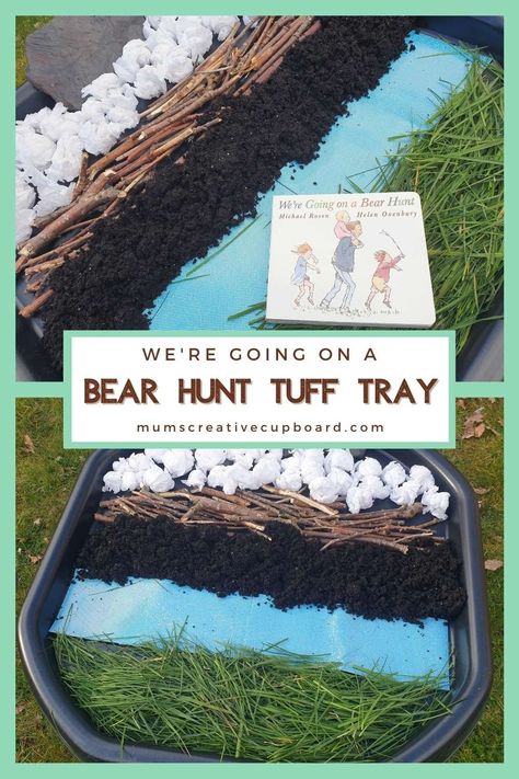 Tuff Tray ideas for toddlers and preschoolers for creative storytelling are my favourite! This We're going on a bear hunt tuff tray is perfect for toddlers and preschoolers alike. It's an easy toddler sensory activities with lots of different textures and it's a great were going on a bear hunt activities eyfs friendly too! I'd love to see if you have a go at this imaginative play activity #tufftray #weregoingonabearhunt #creativestories #eyfs Bear Hunt Activities Eyfs, Bear Hunt Tuff Tray, Tuff Tray Ideas For Toddlers, Pfp Bear, Bear Hunt Activities, Baby Room Activities, Tuff Tray Ideas Toddlers, Tuff Tray Ideas, Going On A Bear Hunt