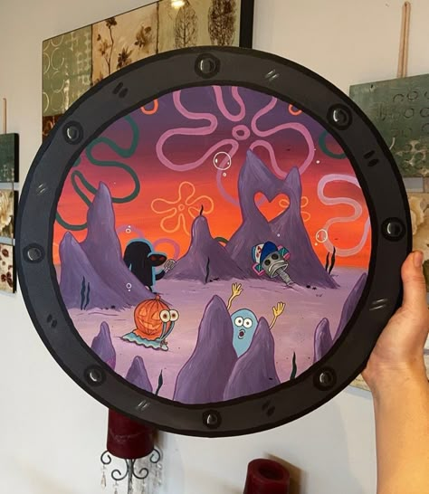 Spongebob Halloween Painting, Painting Ideas On Canvas Cartoon Characters, Porthole Painting, Spongebob Porthole, Spongebob Crochet, Items To Draw, Spongebob Art, Spongebob Painting Ideas, Painting Date