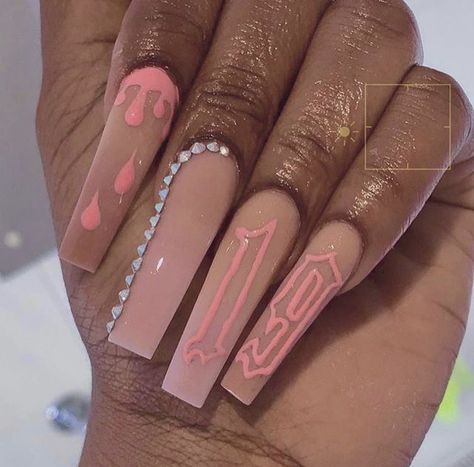 21st Birthday Nails, Birthday Nail Designs, Long Acrylic Nail Designs, Long Acrylic Nails Coffin, Coffin Nails Long, Bling Acrylic Nails, Pink Acrylic Nails, Square Acrylic Nails, Birthday Nails