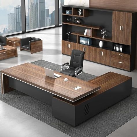 Amazon.com: LITFAD Executive Office Desk with Wood Desk Top and Built-in CPU Storage Boss Table Computer Desk Home Office Furniture with Drawers - Without Chairs, Left Side Cabinet 79" L x 63" W x 30" H : Home & Kitchen Boss Table, Director Office, Boss Desk, Executive Office Design, Wood Desk Top, Computer Desk Home Office, L Shaped Executive Desk, Office Table Design, Office Interior Design Modern