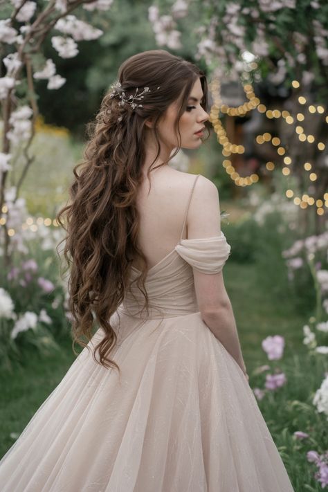 Discover the perfect blend of elegance and romance with this stunning long hair half-up wedding hairstyle. Featuring soft curls cascading along with a beautifully styled crown, this look accentuates your features while maintaining a romantic vibe. Ideal for any bridal theme, it promises to keep your hair flawless throughout the day. Elevate your wedding look with a style that balances both sophistication and charm. #weddinghairstyles Fairy Hairstyles Wedding, Fairy Tale Wedding Hair, Ethereal Bridal Hair, Elvish Wedding Hairstyles, Woodland Fairy Wedding Hair, Elvish Wedding Hair, Boho Wedding Hairstyles For Long Hair, Romantic Wedding Hair Half Up, Long Wavy Wedding Hair