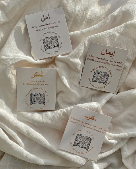 Islamic Qur’an QR code affirmation cards Reminder Cards Design, Islamic Affirmation Cards, Ramadan Candles, Islamic Candles, Muslim Gift Ideas, Business Aesthetics, Listen To Quran, Social Media Images Design, Business Stationary