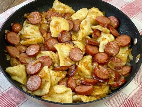 Skillet full of browned and buttery Pierogies and Kielbasa Pierogies And Kielbasa, Smoked Sausage Recipes, Kielbasa Recipes, Easy Skillet Meals, Sausage Dishes, Onion Recipes, Kielbasa, Easy Family Meals, Sausage Recipes